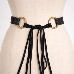 WCM New York Black Calf Hair Leather Paisley O-Ring Tie Waist Belt Size Small